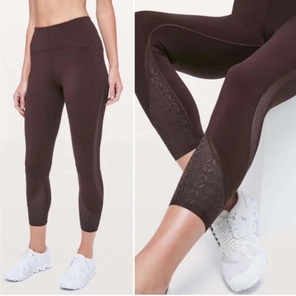 Lululemon Strength & Sweat Crop Leggings Burgundy Red Black Satin High Rise Sz 4